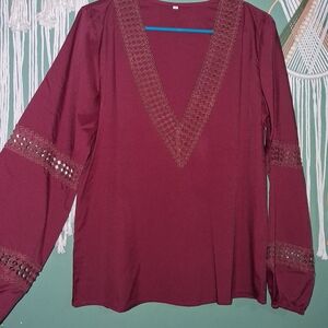 Women’s Lace-Trim V-Neck Long Sleeve Top - Burgundy